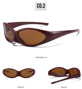 Three-view display of wine red Y2K sports sunglasses with brown lenses and 45-degree angle