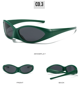 Three-view display of green wrap sports sunglasses with dark grey oval lenses in 45° angle