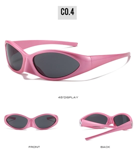 Detailed views of pink sports sunglasses with grey lenses from three different angles