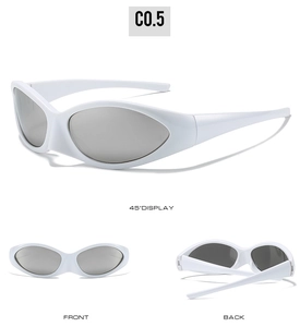 Multi-angle view of futuristic white Y2K sports sunglasses with silver reflective lenses