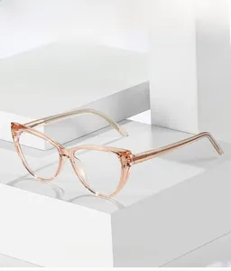 Detail of champagne cat-eye frame showing clear TR90 texture on geometric block