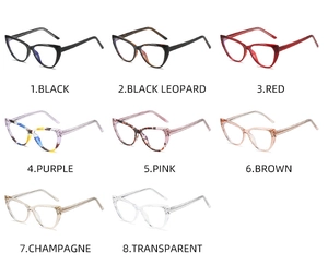 Detailed grid view showcasing eight color variants of cat-eye TR90 blue light blocking frames