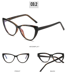 Three-view layout of cat-eye anti-blue light glasses frame in black and tortoiseshell