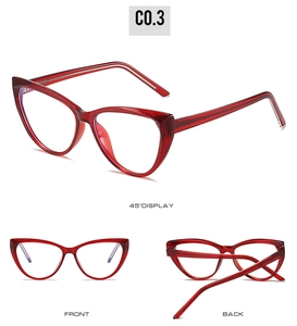 Detailed multi-angle view of transparent reddish brown cat-eye TR90 eyewear frames