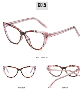 Three-view layout of cat-eye glasses frame with leopard print and pink temples