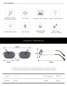 Size chart for rimless metal sunglasses showing precise dimensions and UV400 features