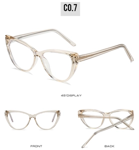 Three perspectives of champagne cat-eye TR90 frames showing 45-degree, front and back views