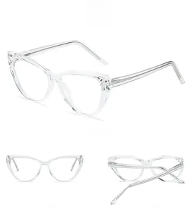 Three-view display of transparent cat eye TR90 glasses frames with spring hinges