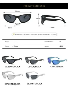 Detailed size chart for sports sunglasses showing frame dimensions and pc material specs