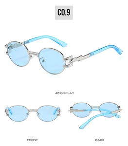 Viste multi-angolo di occhiali da sole punk in metallo argento con lenti blu e aste a fulmine