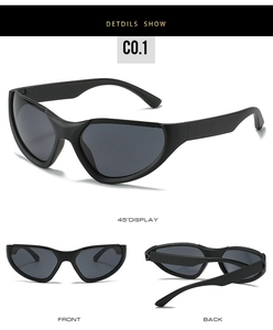 Three-angle views of streamlined matte black sports sunglasses with smoke lenses