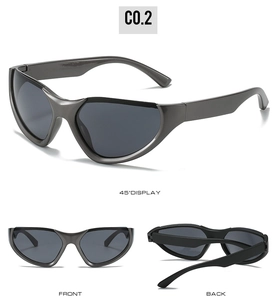 Detailed views of gunmetal sporty sunglasses from front, side, and back angles