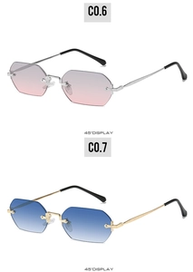 Detail view of rimless hexagonal sunglasses with gradient lenses and metal cross accents