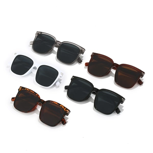 Five pairs of oversized square frame sunglasses in assorted colors shown on white background
