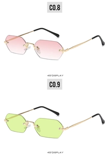 45-degree side view of rimless polygon sunglasses in gradient pink and neon green
