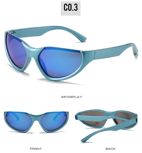 Multi-angle views of blue sports sunglasses showing front, back and 45-degree angles