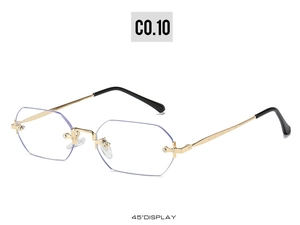 45-degree side view of frameless octagonal sunglasses with blue lenses and gold metal temples