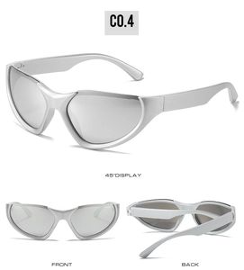 Detailed views of silver streamlined sports sunglasses from front, back and 45 degree angles