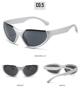 Silver sports sunglasses with dark grey UV lenses showing 45 degree front and back views