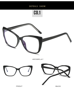 Vues détaillées sous trois angles de montures de lunettes œil-de-chat noires élégantes