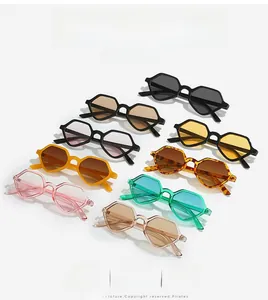 Detailed grid of geometric retro hexagonal sunglasses in nine various vibrant frame colors