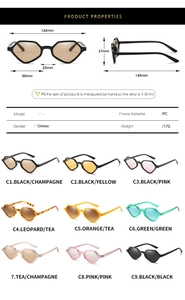 Detailed size specifications and color matrix of geometric hexagonal sunglasses