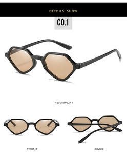 Three-angle view of hexagonal sunglasses showing front, back, and 45-degree perspective