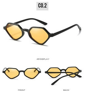 Multiple views of geometric hexagonal sunglasses with black frames and yellow lenses