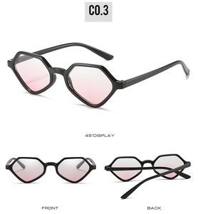 Three-angle product view of geometric sunglasses with black frames and pink gradient lenses