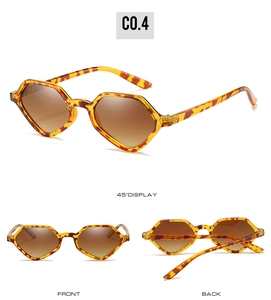 Three-view display of geometric tortoise frame sunglasses with brown gradient lenses