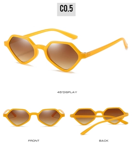 Three-way view of yellow geometric sunglasses with hex frames and gradient brown lenses