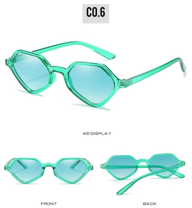 Three angles of geometric sunglasses in bright green frame with blue gradient lenses