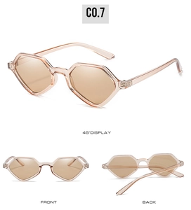 Detail view of champagne geometric sunglasses showing 45-degree angle front and back views