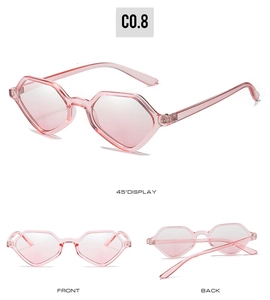 Three-view detail of geometric diamond sunglasses with transparent pink frames and lenses