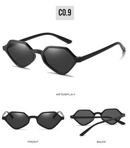 Three-way view of black geometric sunglasses showing front, back and 45-degree angles