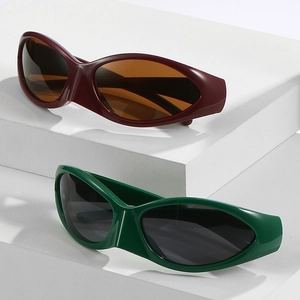 Modern sports sunglasses in burgundy and forest green on white geometric steps