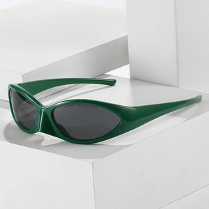 Deep green sporty narrow wrap-around sunglasses with futuristic oval frame on white stones