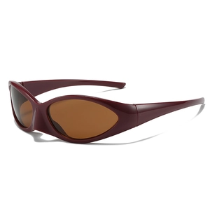Deep red wrap-around sports sunglasses with streamlined frame and brown lenses