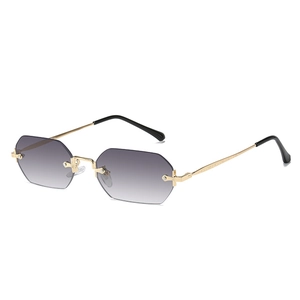 Fashion rimless polygon sunglasses with gradient grey lenses and gold woven metal arms
