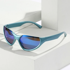 Sporty blue metallic Y2K sunglasses with mirrored lenses on white geometric block