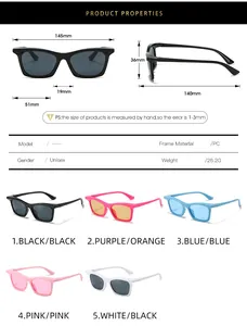 Detailed size chart and technical specifications for square sports sunglasses in PC material