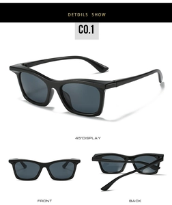 Multiple angles of classic black sports sunglasses with dark grey lenses and C0.1 frame detail