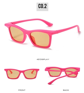 Three-angle display of bright pink sports sunglasses with transparent yellow lenses