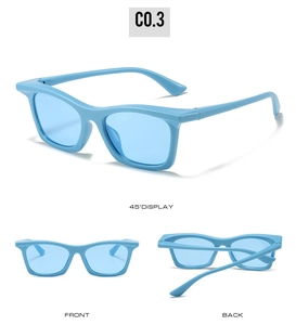 Three views of blue rectangular sports sunglasses showing front, back, and side angles