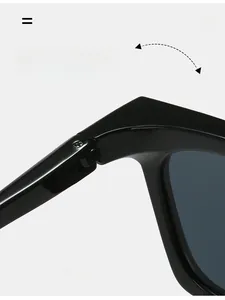 Detail of durable metal hinge on black thick frame sunglasses with glossy finish