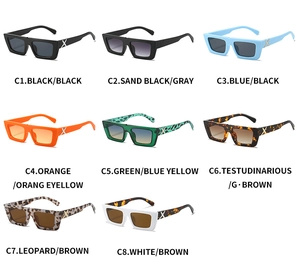 Detailed overview of eight vibrant square frame sunglasses with metal X hinge decor