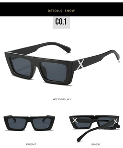 Detailed views of black square sunglasses with silver X-shaped metal temple accents