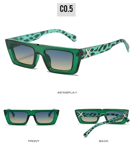 Three-way view of green leopard print square sunglasses with metal X-shaped hinges