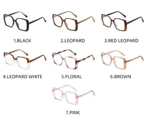 Detailed grid showing seven colorful large square frame glasses with anti-blue light lenses