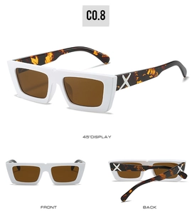Three-way view of white rectangle sunglasses with tortoiseshell temples and X detail